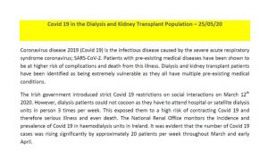 Read more about the article Covid 19 in the Dialysis and Kidney Transplant Population – 25/05/20