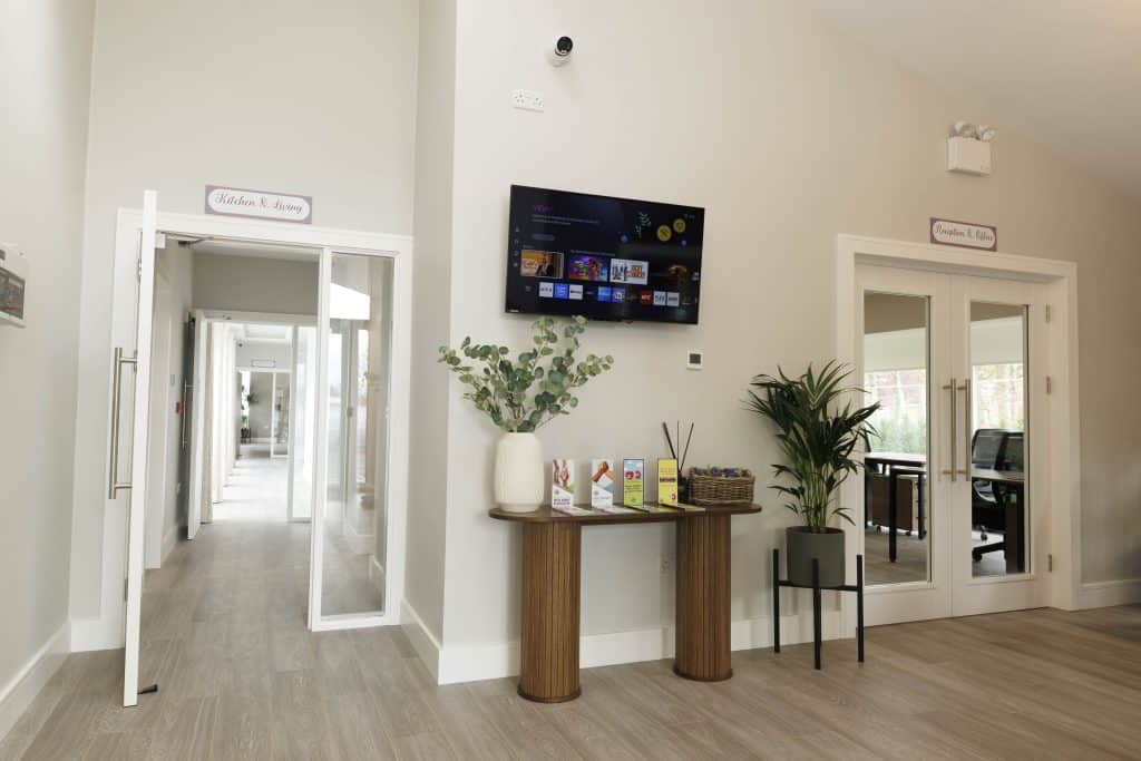 Interior of the Irish Kidney Association's support centre with a TV and potted plants.