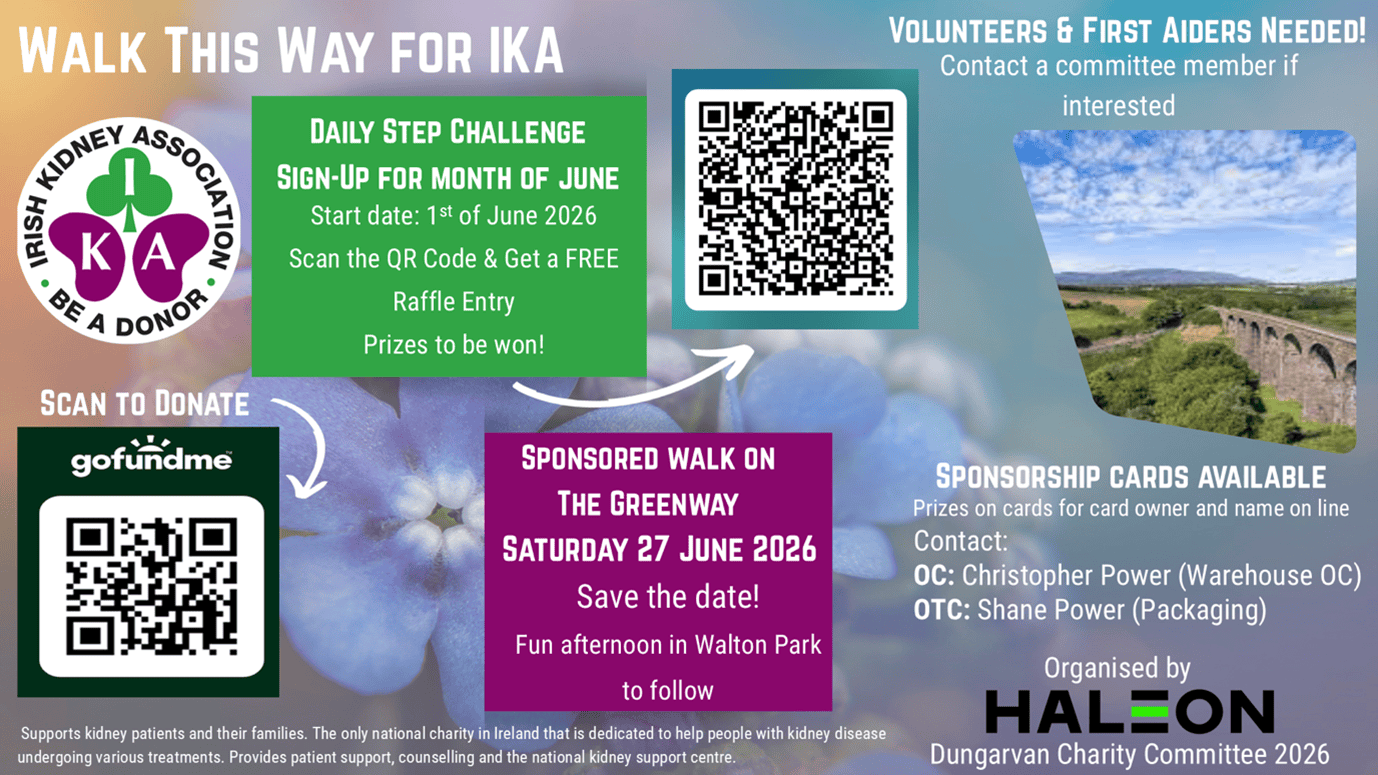 Irish Kidney Association logo with walk event details and donation QR code.