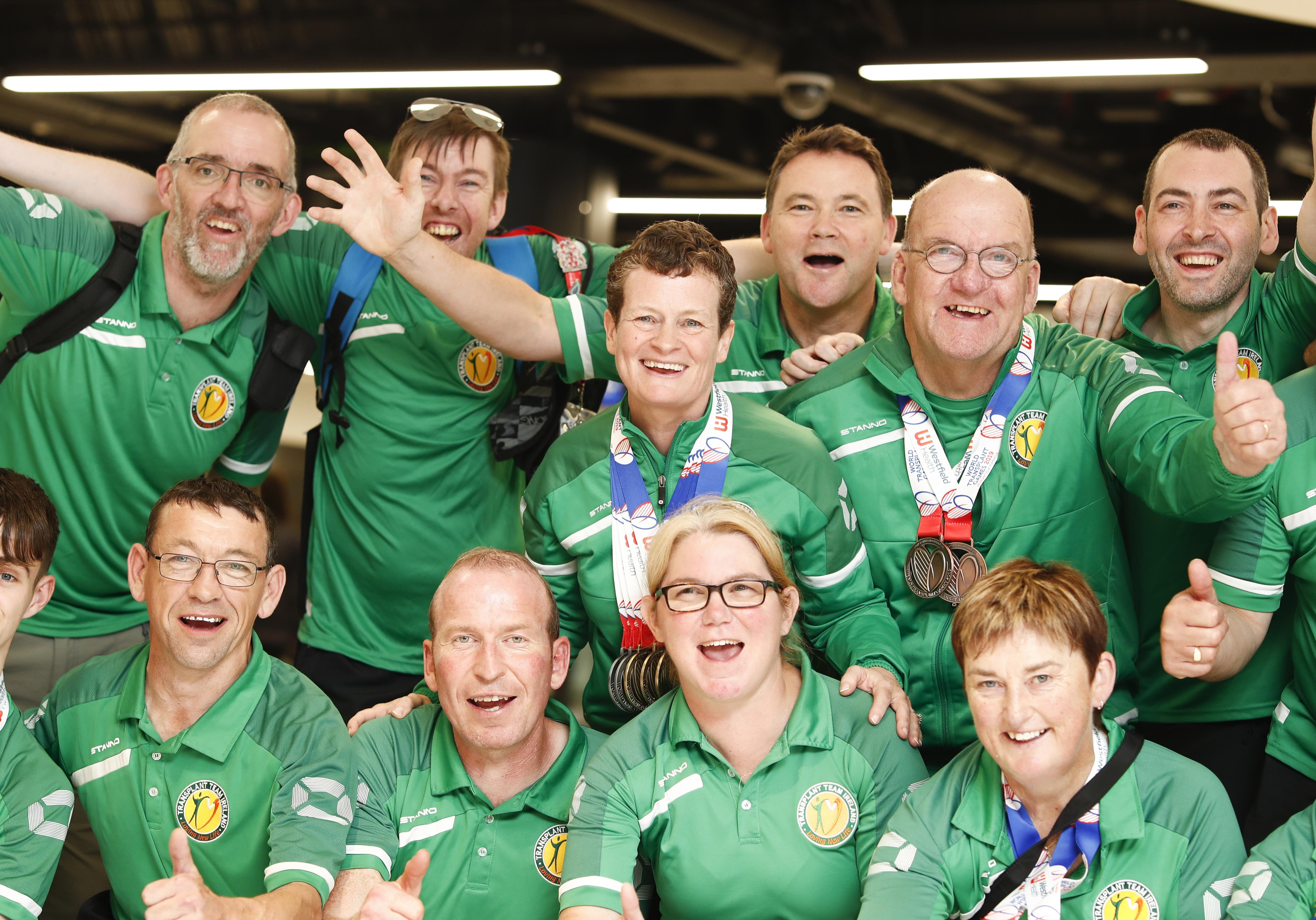 *** NO REPRODUCTION FEE *** DUBLIN : 24/8/2019 : Team Ireland returns home from World Transplant Games with mighty haul of 50 medals. Pictured was Transplant Team Ireland team members arriving back to Dublin Airport from the World Transplant Games 2019 held in Newcastle Gateshead, UK. 38 members of Transplant Team Ireland returned home this weekend from an unforgettable week-long World Transplant Games which were held in Newcastle Gateshead, UK.  The Irish team including heart, lung, liver, bone marrow and kidney transplant recipients, which ranges in age from 16 to 81, had a final medals tally of 50 medals including 17 Gold, 18 Silver and 15 Bronze which earned them a respectable 11th place on the leader board amongst 56 countries some with larger teams and the host country GB&amp;NI was placed first with its 320 participants. The team's participation at the games was managed by the Irish Kidney Association who are hoping to attract more people to the team when they host the 2020 European Transplant &amp; Dialysis Sports Championships in Dublin from 2-9 August. Picture Conor McCabe Photography.


MEDIA CONTACT : Gwen O'Donoghue mob. 086 8241447 email gwenodonoghue1@gmail.com